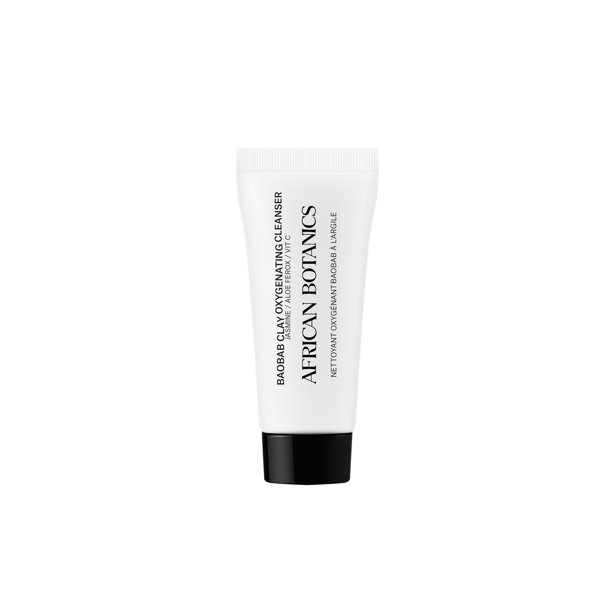 African Botanics Baobab Clay Oxygenating Cleanser 20ml travel size — pH-balanced detoxifying gel cleanser with Bentonite Clay and Vitamin C for frequent travelers