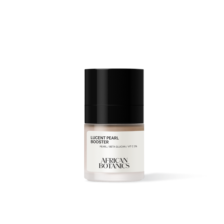 African Botanics Lucent Pearl Booster 15ml — biotech illuminating booster with Mother of Pearl Extract, Beta Glucan, and Vitamin C 3% for radiance and regeneration