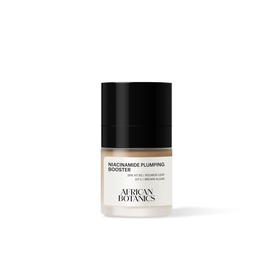 African Botanics Niacinamide Plumping Booster 15ml bottle, a 20% niacinamide serum with probiotics