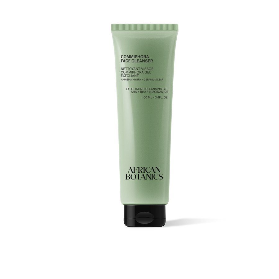 African Botanics Commiphora Face Cleanser 100ml — AHA BHA exfoliating gel cleanser with Niacinamide 6% and Commiphora Wildii from Namibia for pores and breakouts