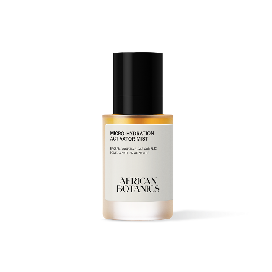 African Botanics Micro-Hydration Activator Mist 50ml — 6% Niacinamide and five marine algae mist for pore refinement, hydration, and even skin tone