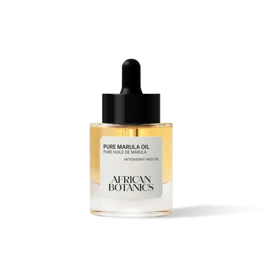 African Botanics Pure Marula Oil and packaging — biodynamic wild-harvested Marula Oil from South Africa, vegan and cruelty-free