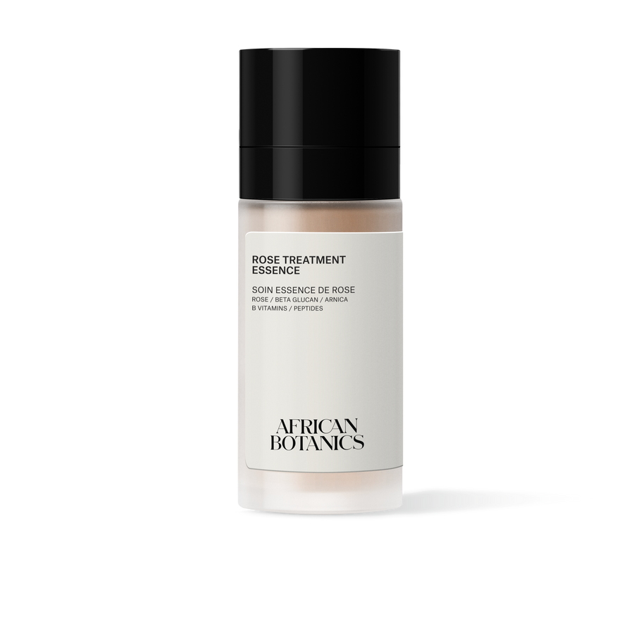 African Botanics Rose Treatment Essence 50ml — treatment gel with Rosa Centifolia, Bio-fermented Beta Glucan, and Niacinamide for brightening, hydration, and pH balance