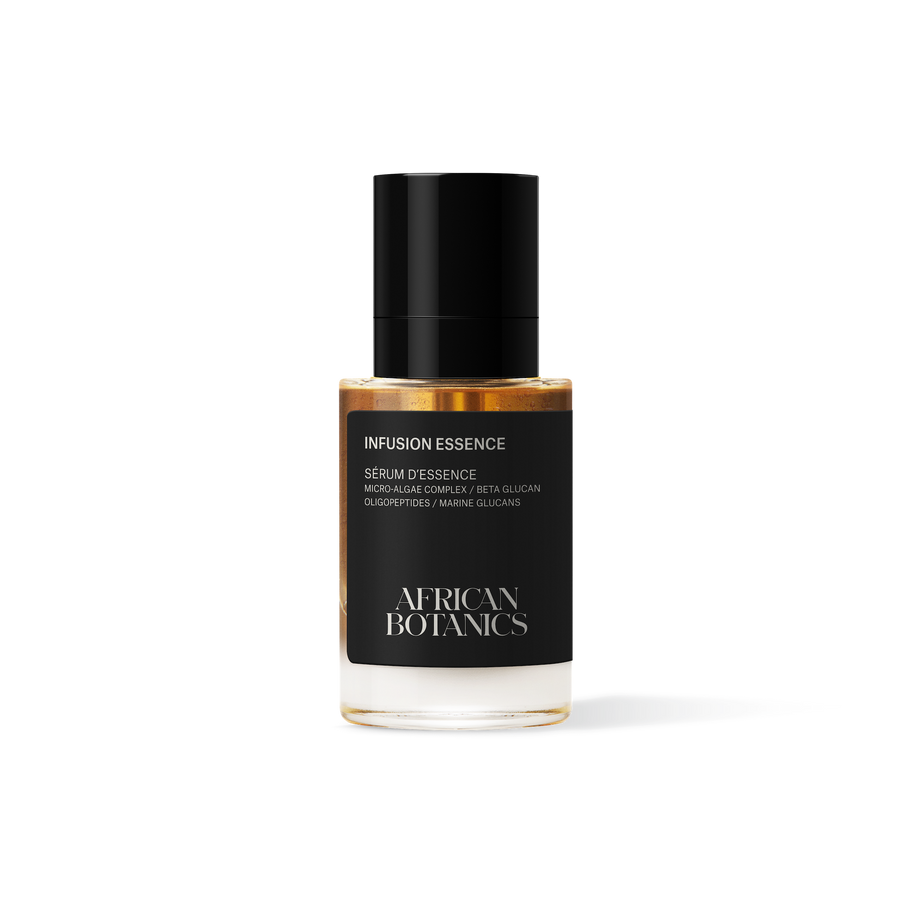 African Botanics Infusion Essence 50ml — biotech micro-fluid mist with Glutaminated Oligopeptides, Kalahari Desert Salt, and Vitamin C for hydration and luminosity