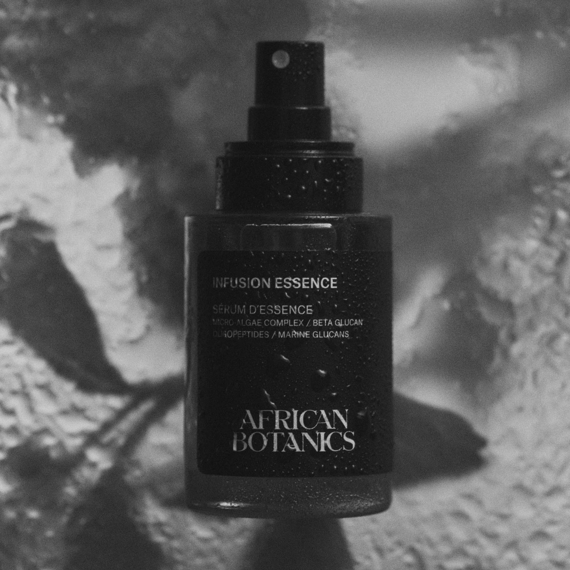 African Botanics Infusion Essence 50ml spray bottle — alcohol-free essence mist with Kalahari Desert Salt, Immortelle Oligosaccharides, and South African botanicals