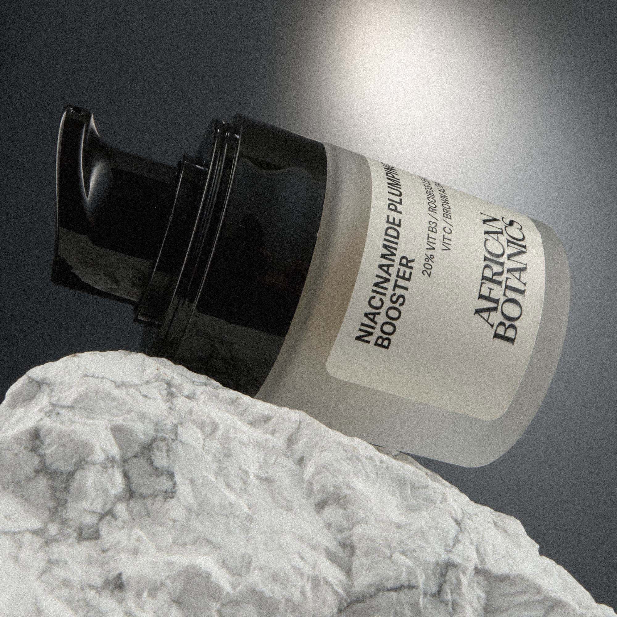 African Botanics Niacinamide Plumping Booster shown for hydrated, refined, barrier-strengthened skin