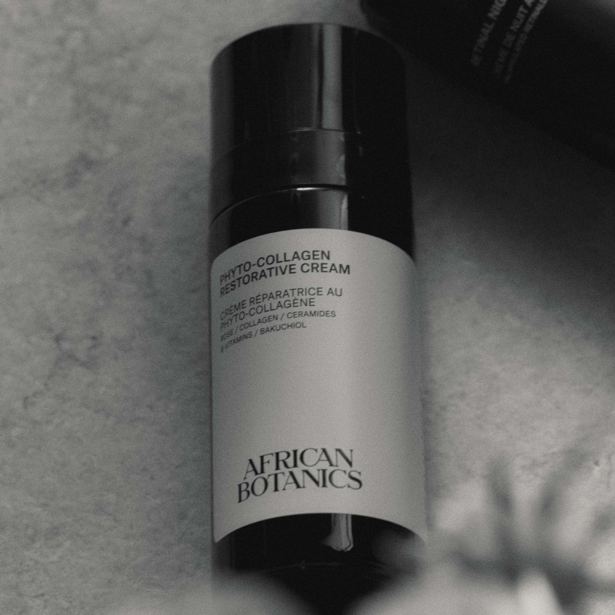 African Botanics Phyto-Collagen Restorative Cream luxury skincare packaging — biotechnology-derived phyto-collagen firming cream