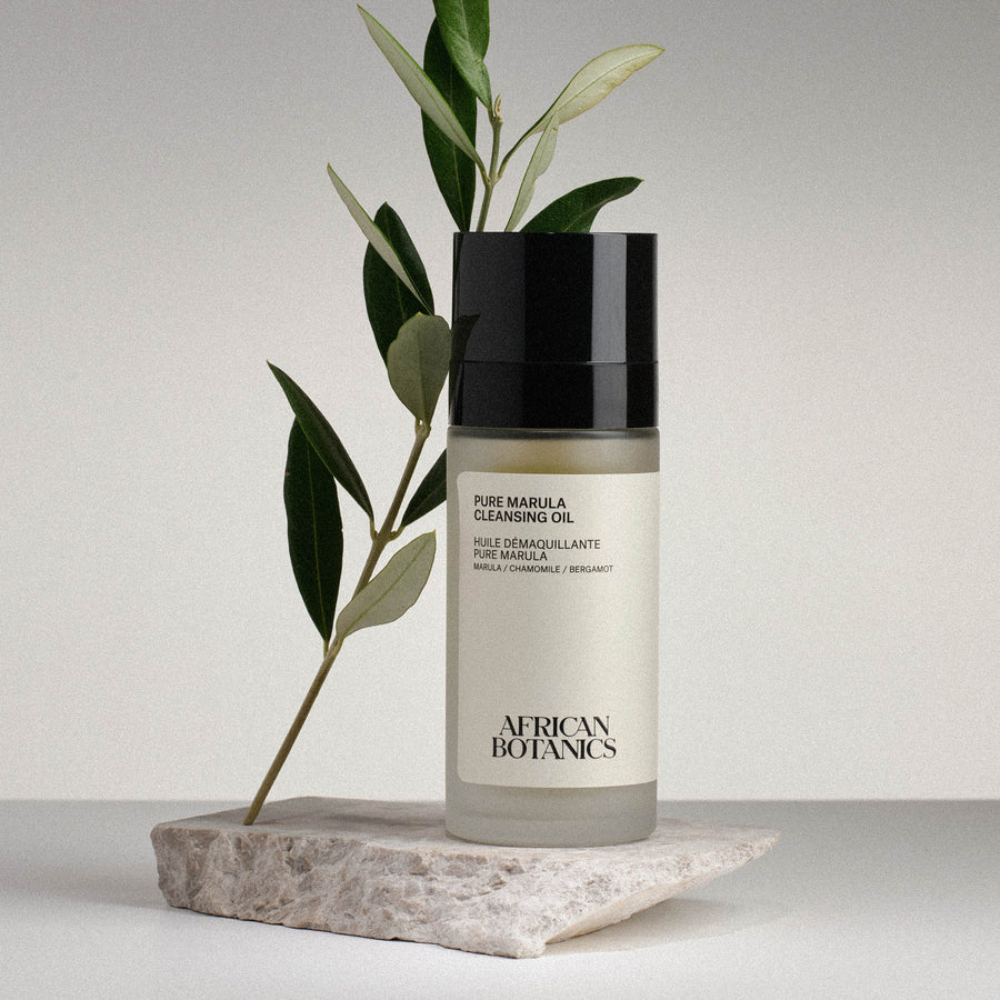 African Botanics Pure Marula Cleansing Oil texture — emulsifying cleansing oil with Blue Chamomile, Lavender, and Frankincense for sensitive and blemish-prone skin