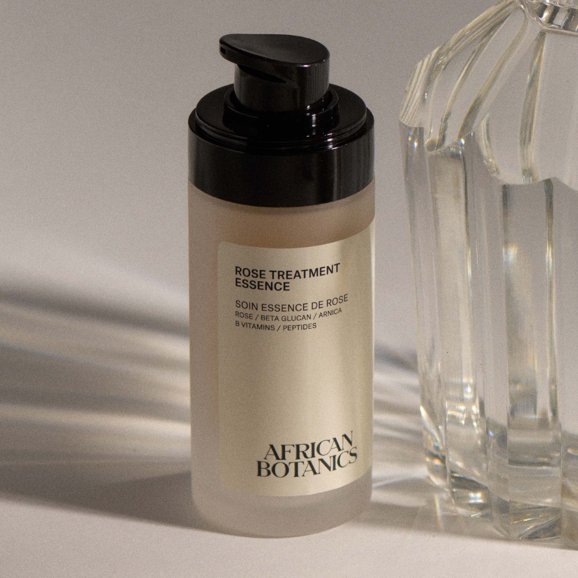 African Botanics Rose Treatment Essence — biotech-powered essence for dehydrated, sensitive, and unbalanced skin, suitable for warm and humid climates