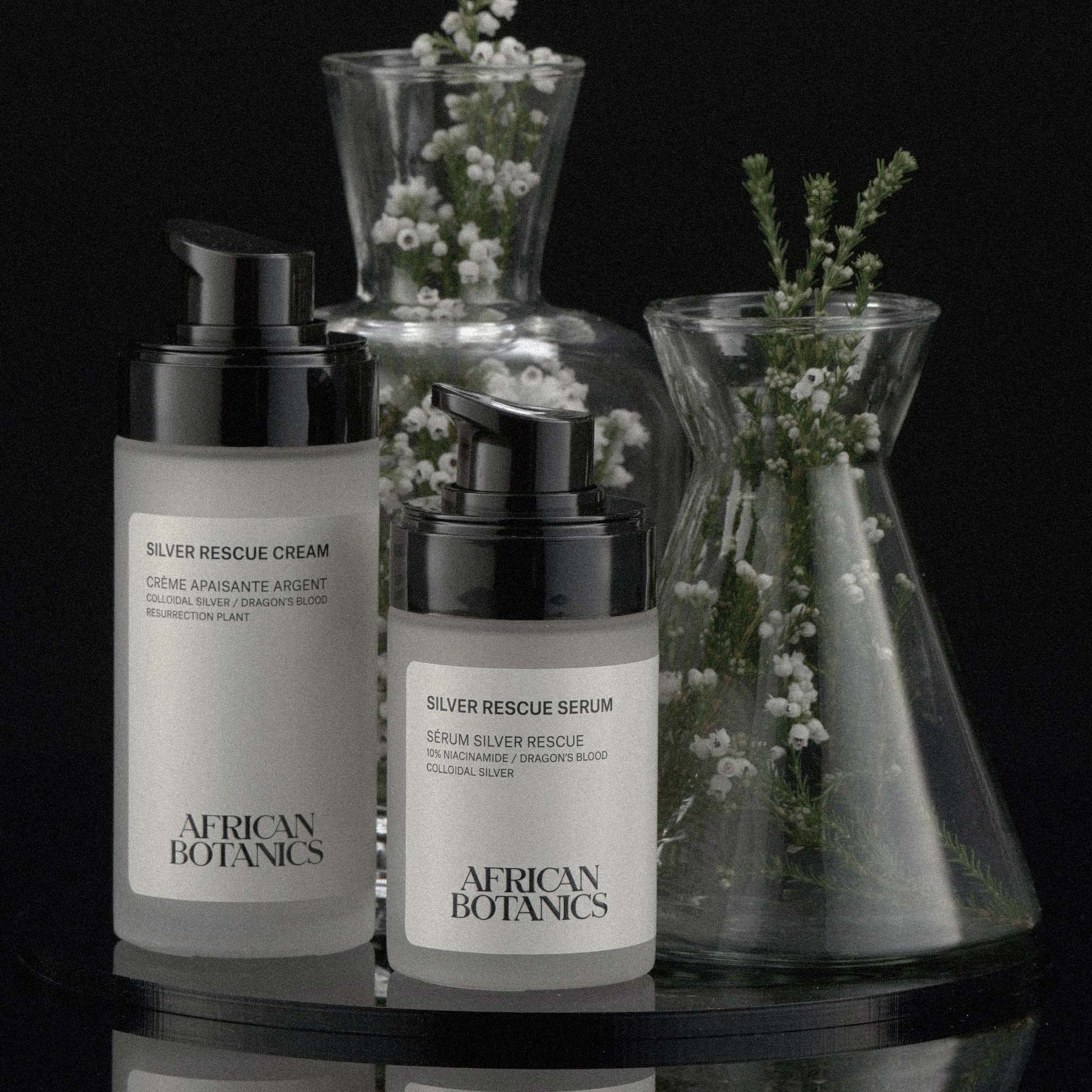 African Botanics Silver Rescue Cream luxury skincare packaging — colloidal silver barrier repair cream for reactive skin