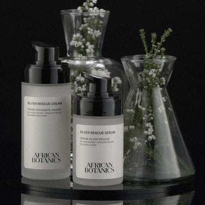 African Botanics Silver Rescue Cream luxury skincare packaging — colloidal silver barrier repair cream for reactive skin