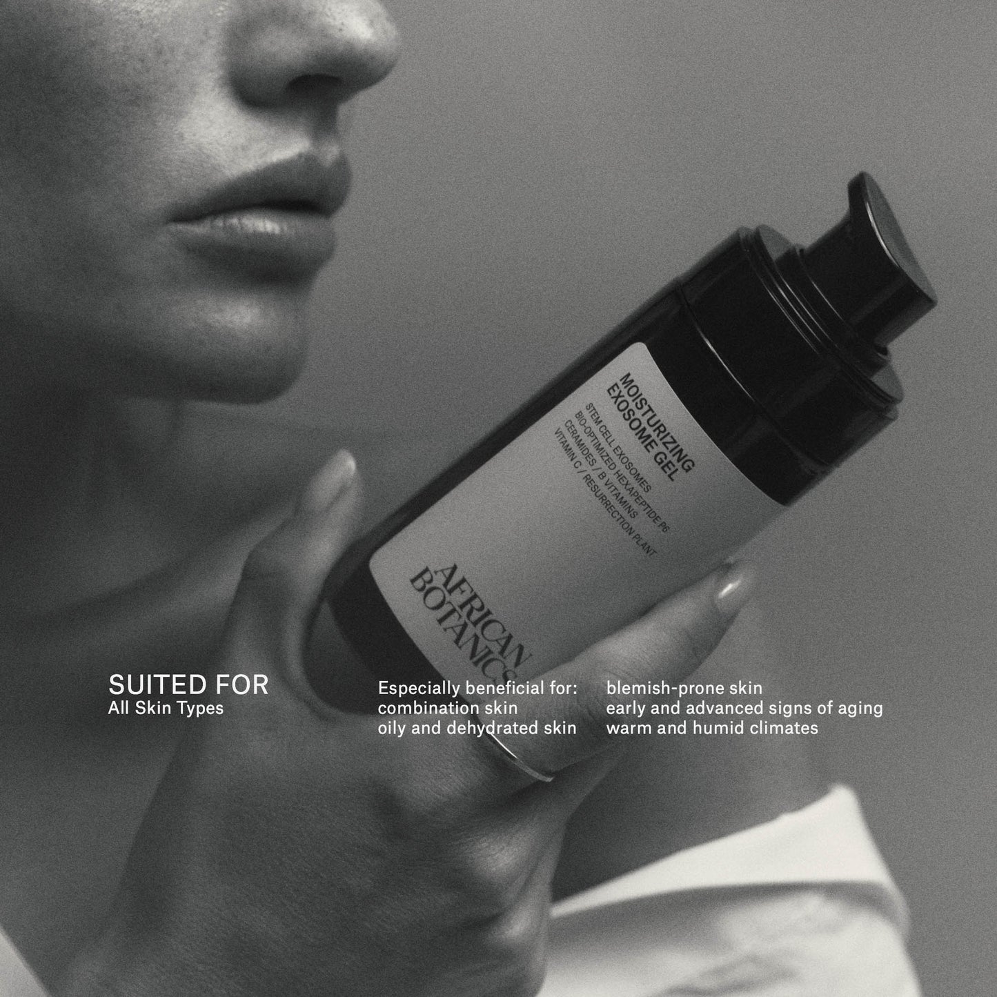 African Botanics Moisturizing Exosome Gel, a luxury regenerative gel moisturizer for all skin types including aging, combination, oily, blemished skin.